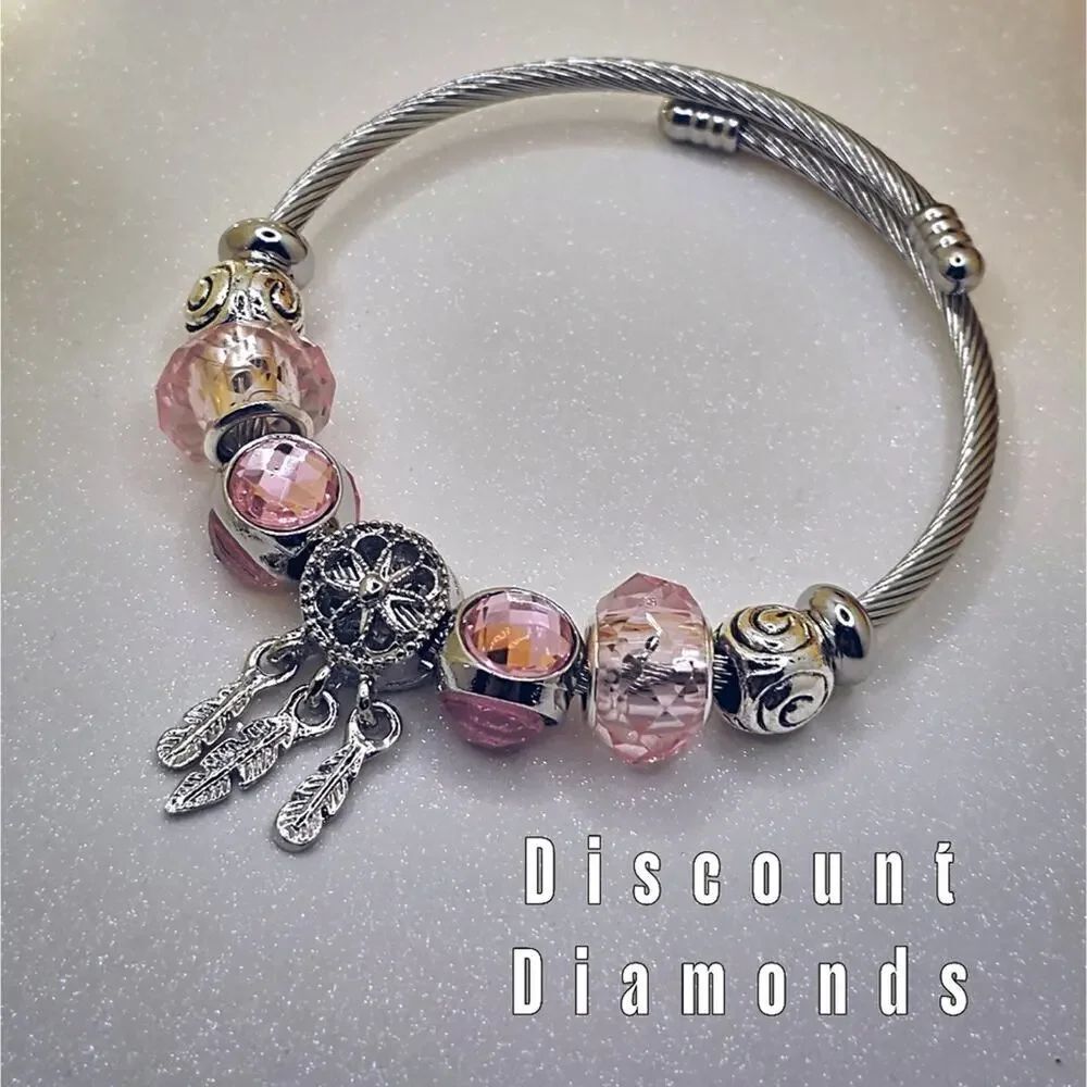 Open Back Expandable Pink & Silver Stainless Silver Dreamcatcher Charm Bracelet